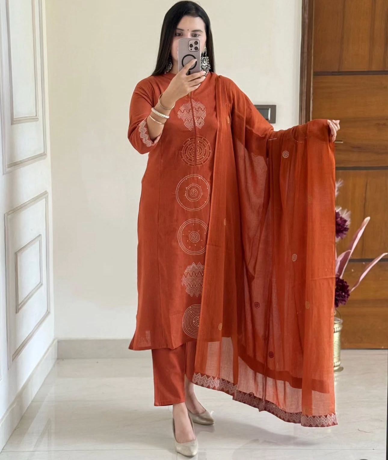 Orange Jaipuri Cotton A-Line Suit with Embroidered Dupatta